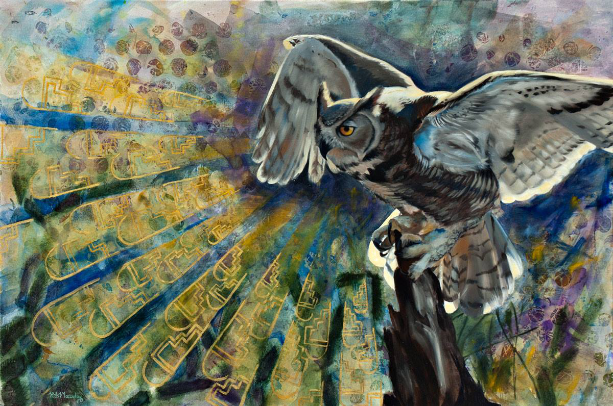 Painitng in acrylic and oil depicting an owl perched with wings spread