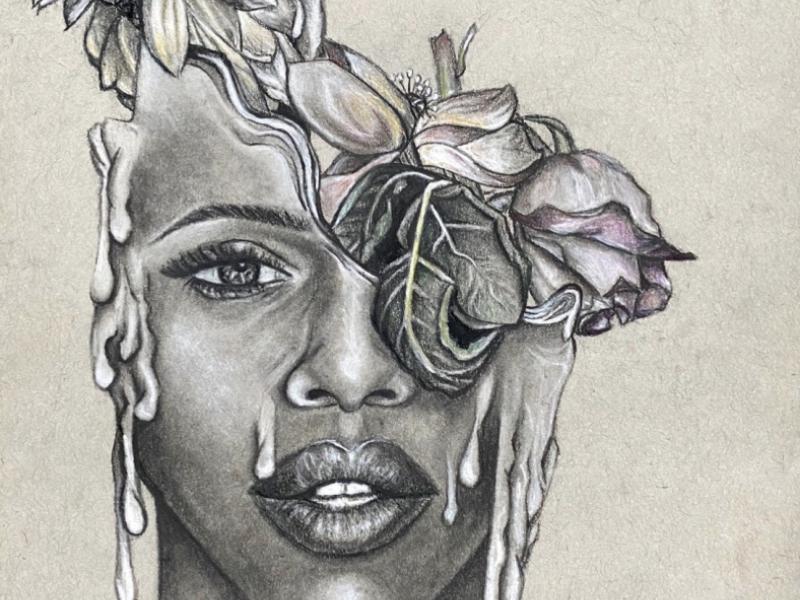 Aestas, drawing, woman, melting, charcoal, flowers, head, black