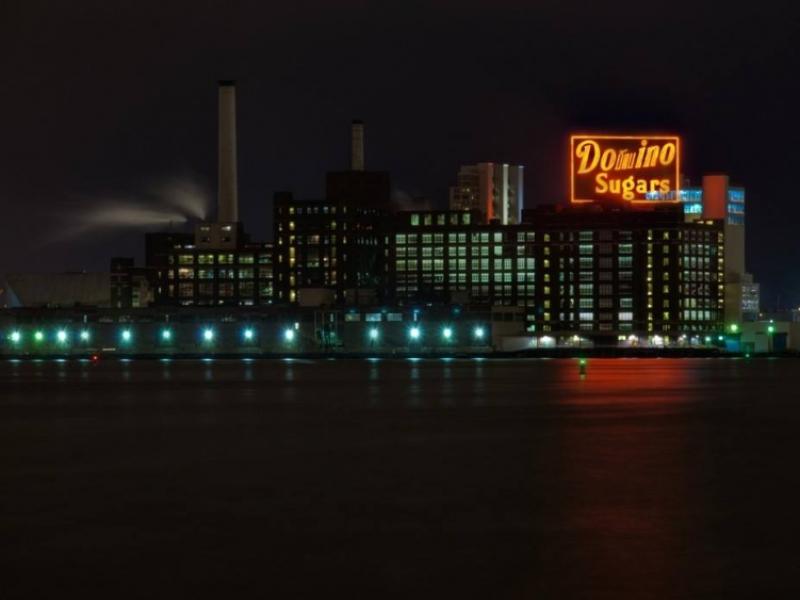Dominos Sugar Factory Neon Sign at night