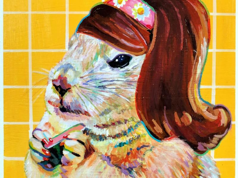 A prairie dog with a mid century auburn hairstyle. She's filing her nails. 