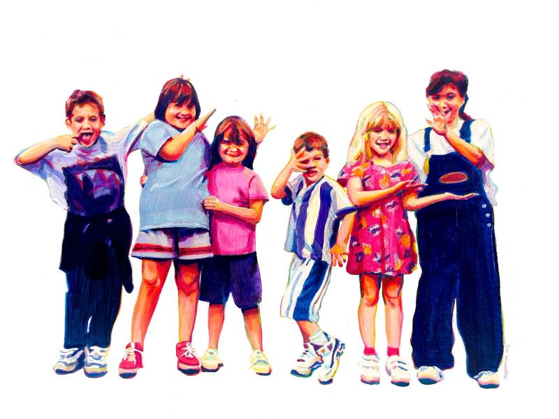 White background with a lineup of six kids from ages four to 10. They are making goofy faces and dressed from the early 2000s. 