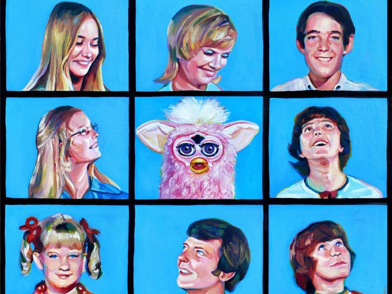 An oil painting of the Brady Bunch title screen, but a Furby is in the center in place of Alice. 