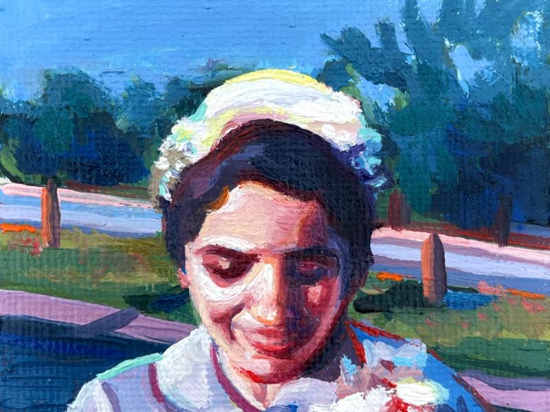 A mini painting of a mid century white woman in a purple dress close to the camera. She's looking down. 