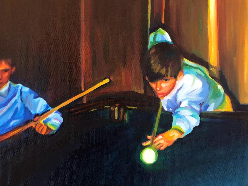 A teenage boy playing pool in a mid century, wood paneled basement. There is another boy halfway off the canvas on the left side. 