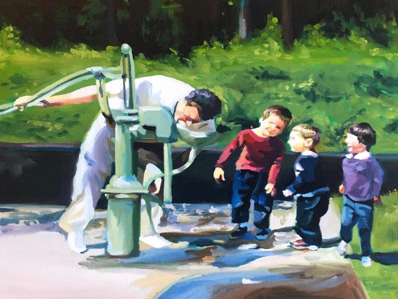 A mid century father is outside with his three kids, greenery in the background. He is showing them how to use a pump water fountain. The kids look on in amazement. 