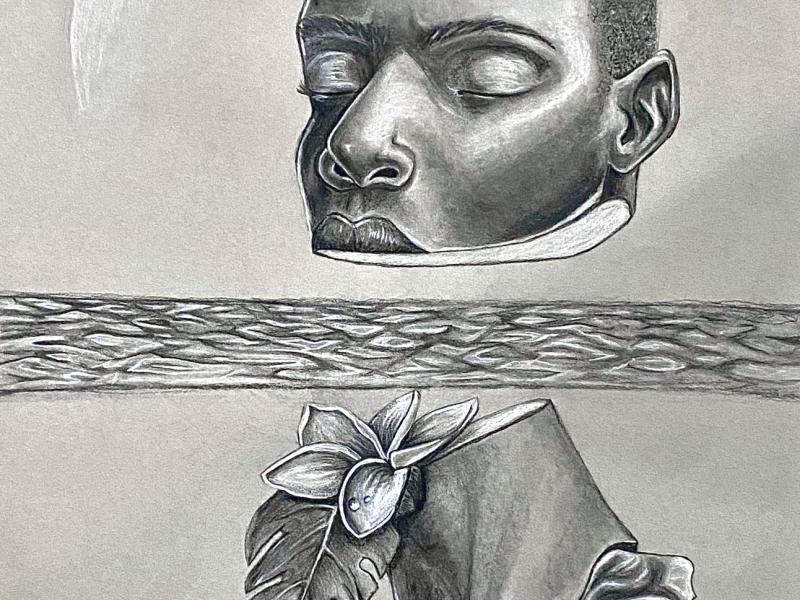  A charcoal drawing with a head floating about water seeming to be thinking deeply. While the neck underwater is filled with delicate flowers and leaves