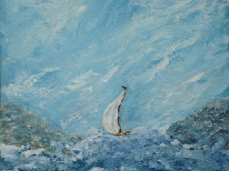 painting of a sailboat caught in rough seas