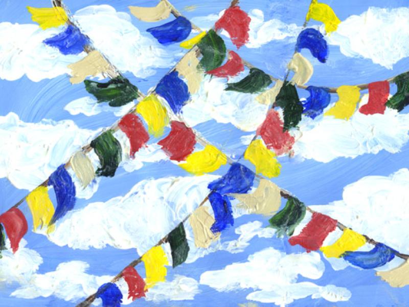 painting of prayer flags at the Maui Dharma Center