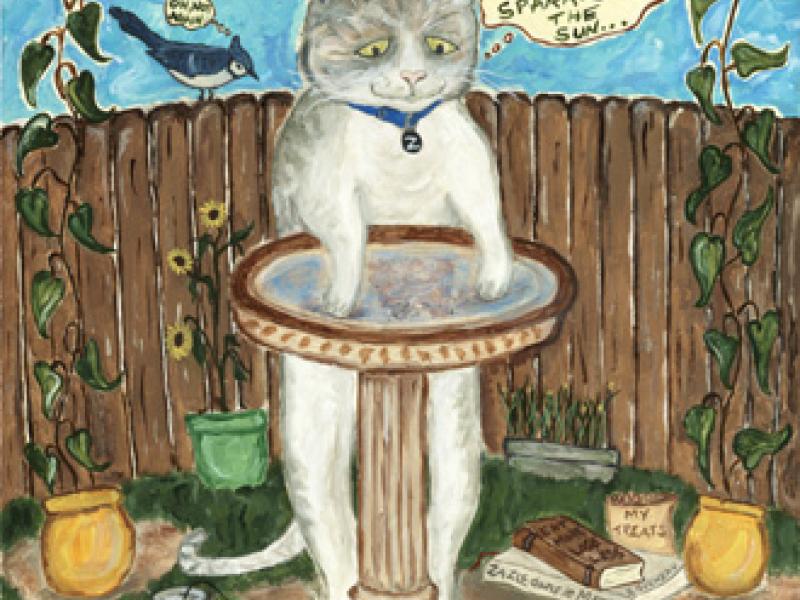painting of cat named Zazie wearing a tiara and admiring her reflection in the birdbath