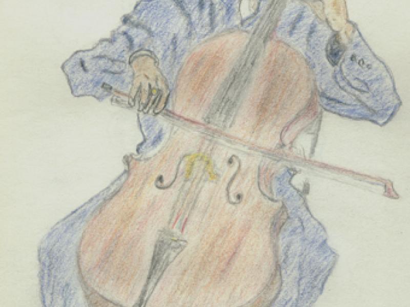 Colored pencil sketch on paper of a cellist