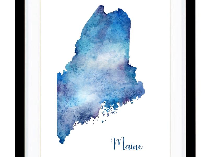 Watercolor painting of the State of Maine with islands.