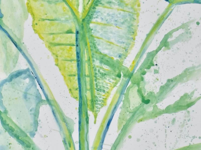 watercolor style acrylic painting of large leaves 