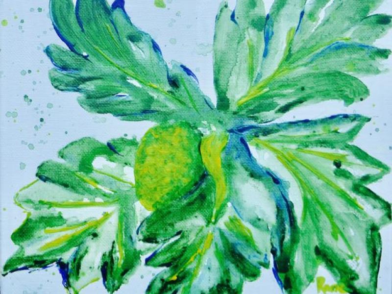 watercolor style acrylic painting of fruit and large leaves 