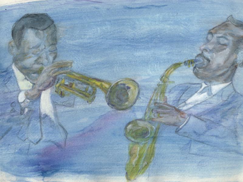 watercolor of a saxophone player and a trumpeter
