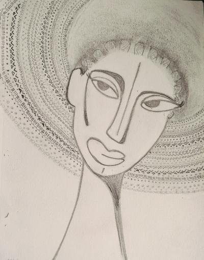 Sketch of female's face with cornrows and afro comprised of tribal symbols