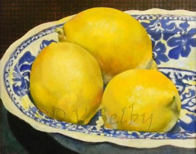 Oil Painting by De Selby of 3 Lemons Bowl view at www.dselby.com