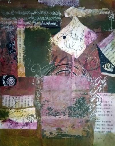 Collage, mixed media mounted on 11"X14" wood panel, abstract
