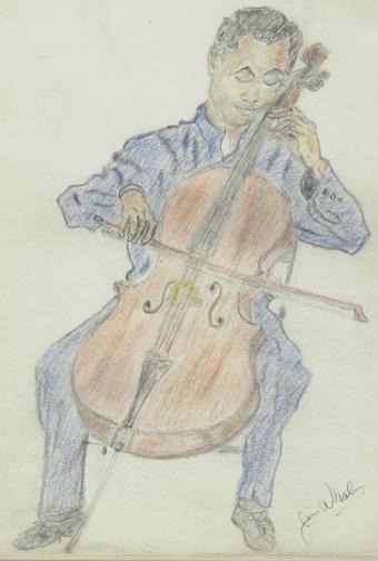 Colored pencil sketch on paper of a cellist