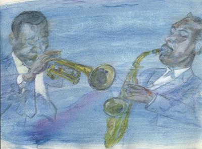 watercolor of a saxophone player and a trumpeter