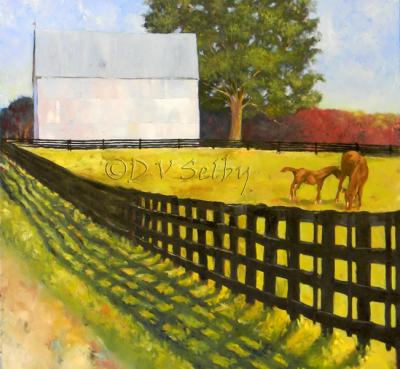 Oil Painting by De Selby of Kentucky road with barn, fence, and horses from www.dselby.com