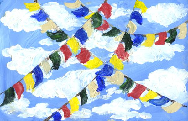 painting of prayer flags at the Maui Dharma Center