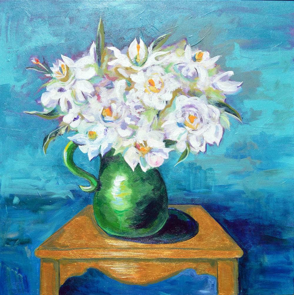 Painting of a green pitcher filled with White Peony
