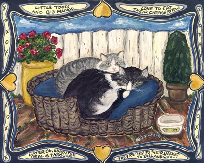 Acrylic on board of two cats in a basket