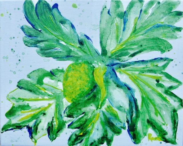 watercolor style acrylic painting of fruit and large leaves 