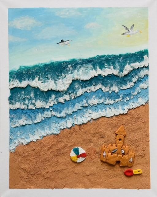 painting of the beach with waves and two seagulls flying over