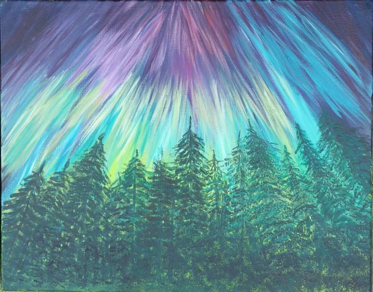 Aurora, forest, pine trees, purple, yellow, turquoise, by Dawn Cooper, Moonscribe