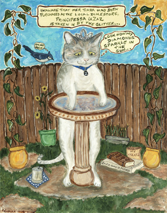 painting of cat named Zazie wearing a tiara and admiring her reflection in the birdbath