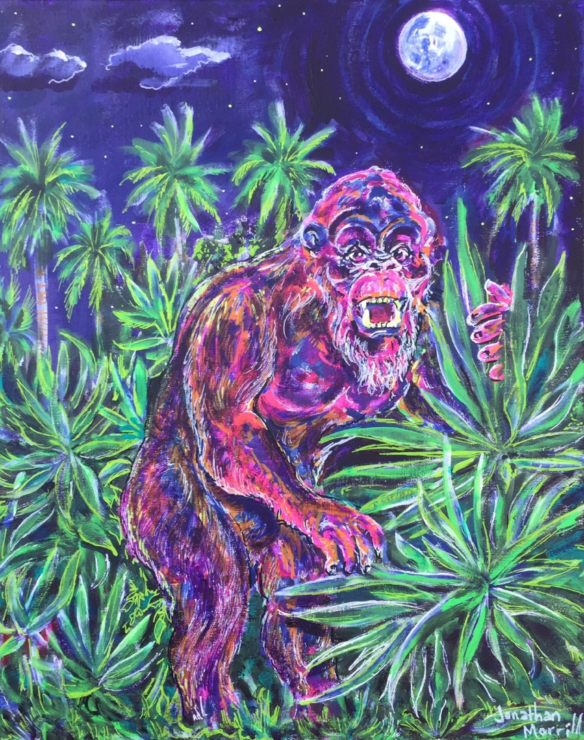 "Florida Skunk Ape" is one of two pieces submitted and accepted into  The National Arts Program's 2017 art exhibition held at the Orlando International Airport. The exhibition will be held open to the public, at the Orlando International Airport, from August 24 through September 29, 2017, during the hours of 9am - 5pm..  This acrylic painting pays tribute to the photographs and reports of the Florida skunk Ape, utilizing witness descriptions and forensic evidence found at the reported sightings. The skunk a