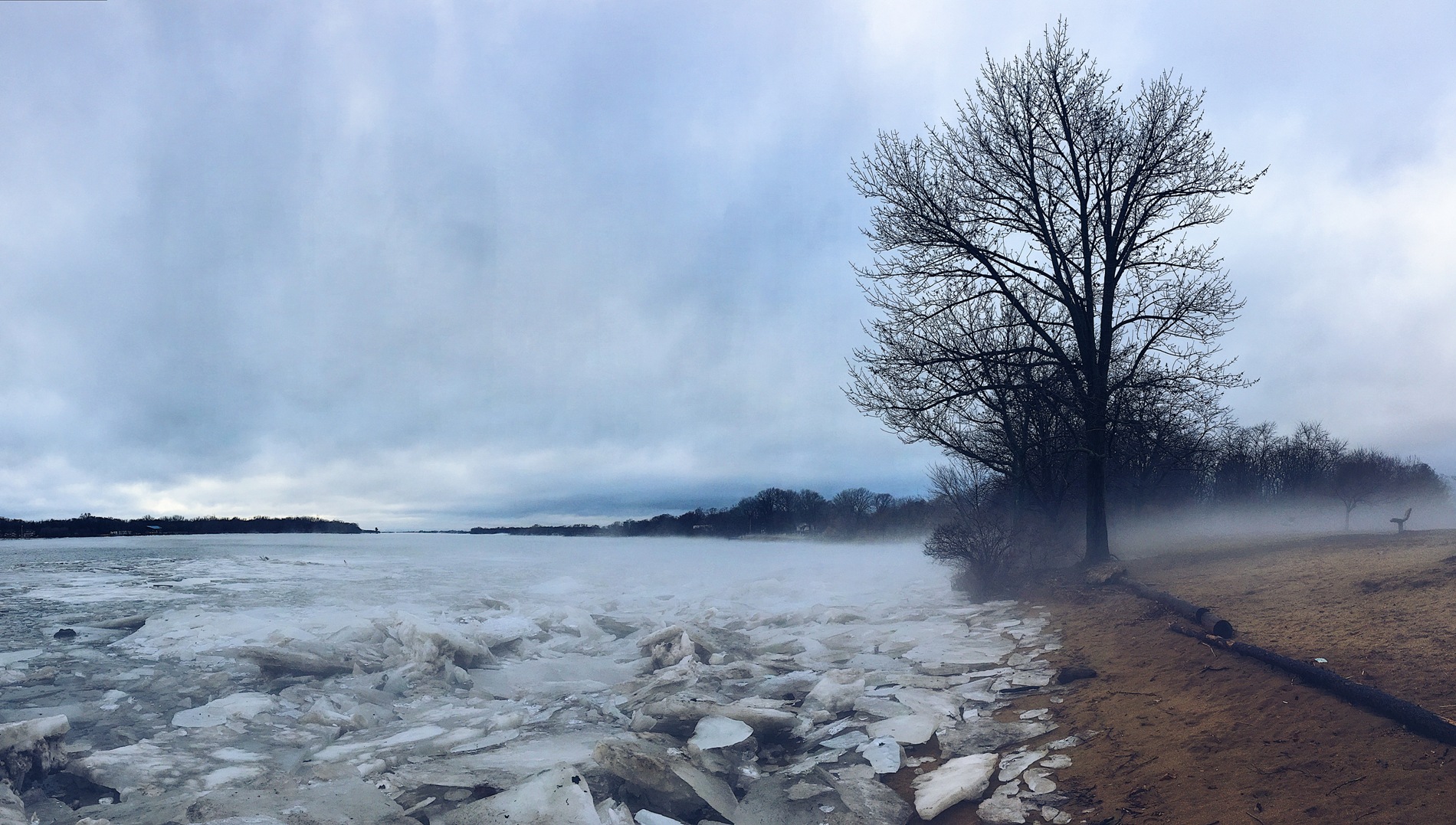 mist, ice, water, trees, cold, chill, water, river, bench, beach,