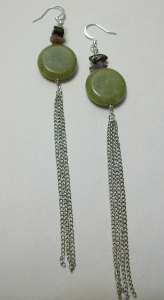 Silver chain tassel earrings with green serpentine beads and tourmaline chips