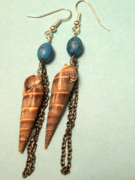 Shell earrings with gunmetal chains and turquoise beads