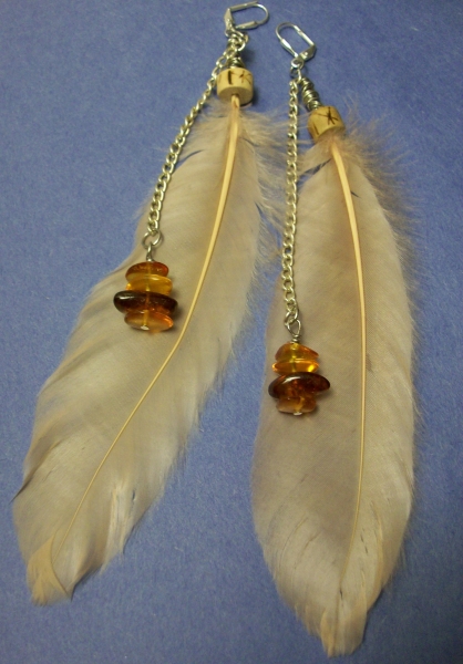Pink feather earrings with amber chips