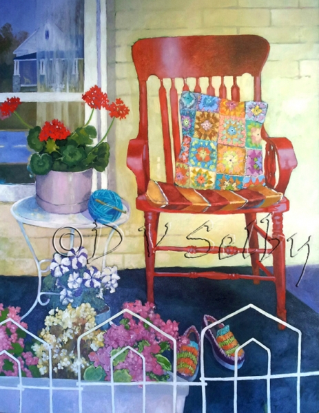 Oil Painting by De Selby of Red Chair for porch sitting on a summer day, from www.dselby.com 