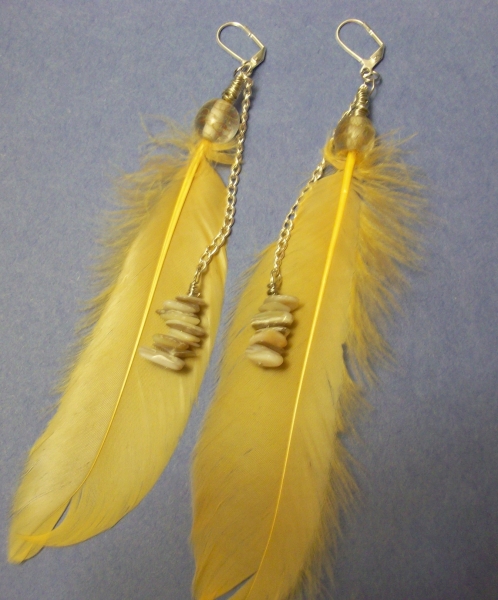 Yellow feathere earrings with mother of pearl chips